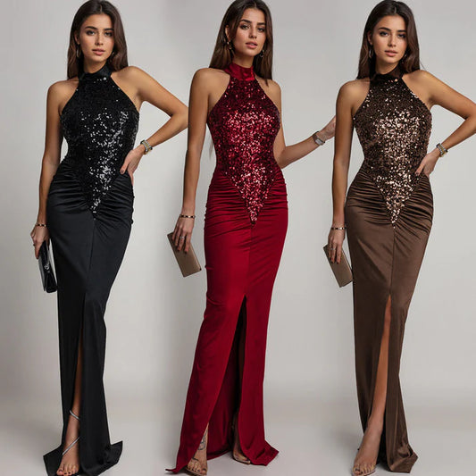 Victoria - Vestido halter con abertura y lentejuelas