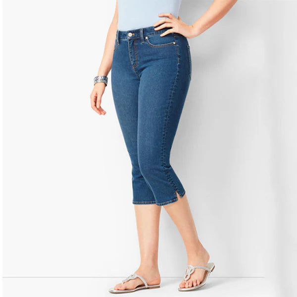 Maela - Pantalón capri vaquero elástico con abertura lateral