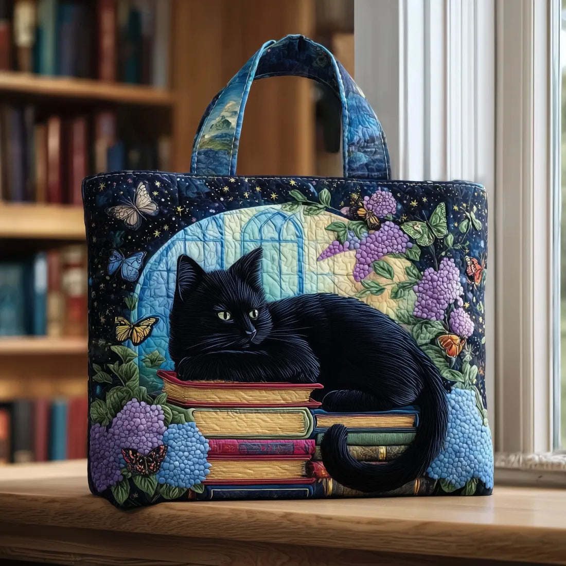 Bolso artesanal - Gato negro sobre libros