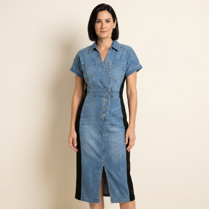 Miranda - El vestido efecto estilizador: patchwork denim con paneles laterales