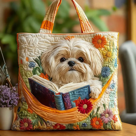 Bolso artesanal - Shih Tzu con libros y flores