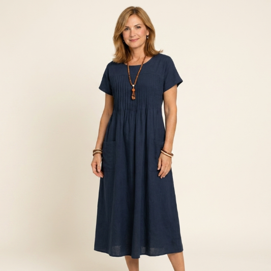 Irene - Vestido plisado con mangas cortas y bolsillos