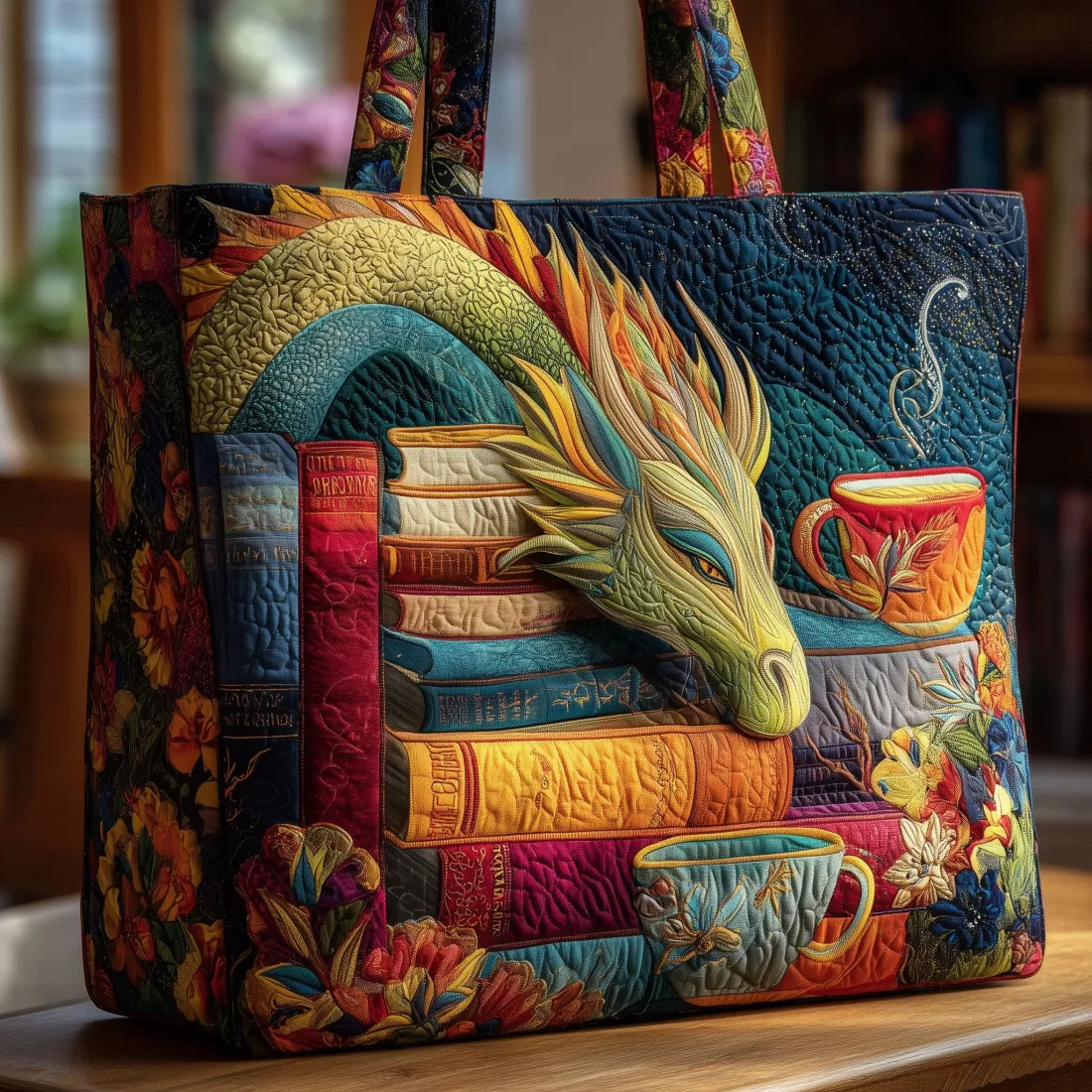 Bolso artesanal - Dragón lector de libros y taza