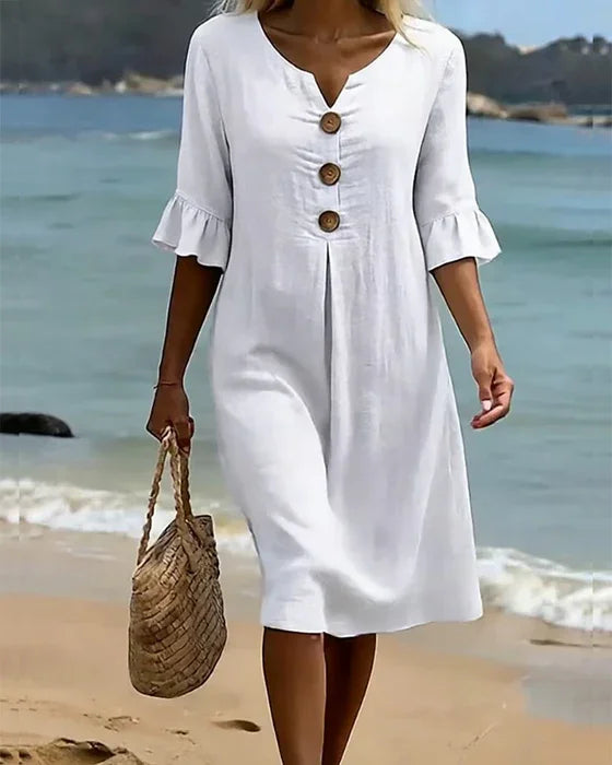 Vanesa | Vestido Texturizado con Mangas Abullonadas y Botones