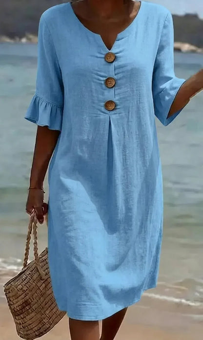 Vanesa | Vestido Texturizado con Mangas Abullonadas y Botones