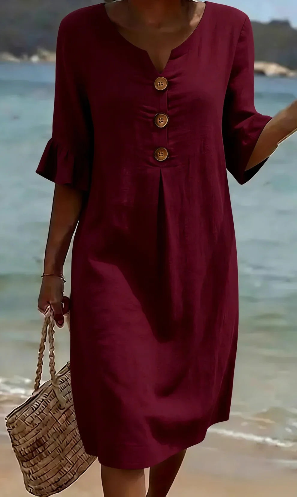 Vanesa | Vestido Texturizado con Mangas Abullonadas y Botones
