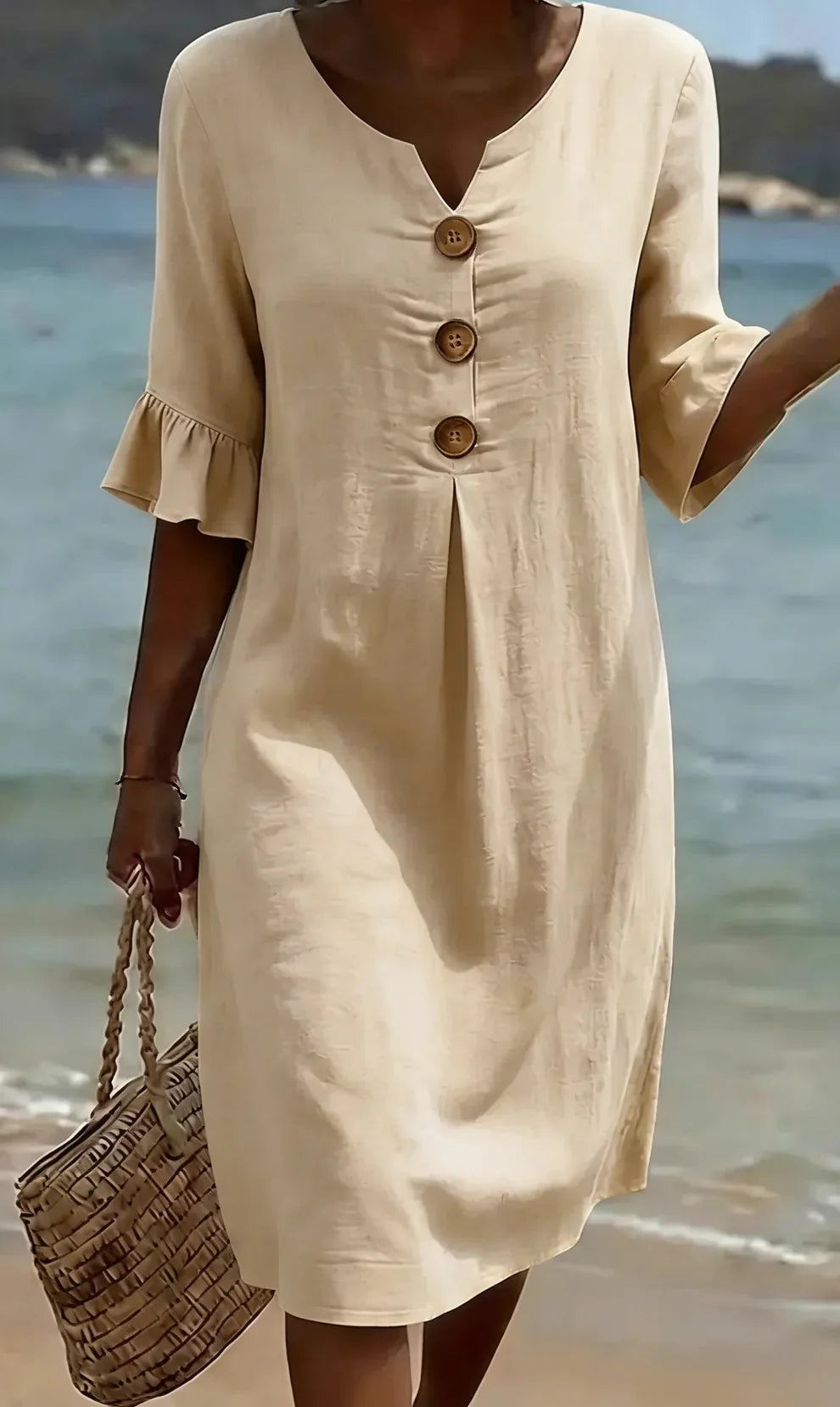 Vanesa | Vestido Texturizado con Mangas Abullonadas y Botones