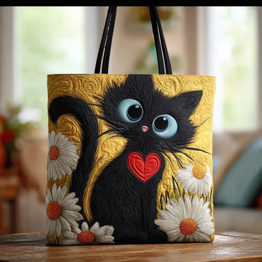 Bolso artesanal - Gato negro con margaritas