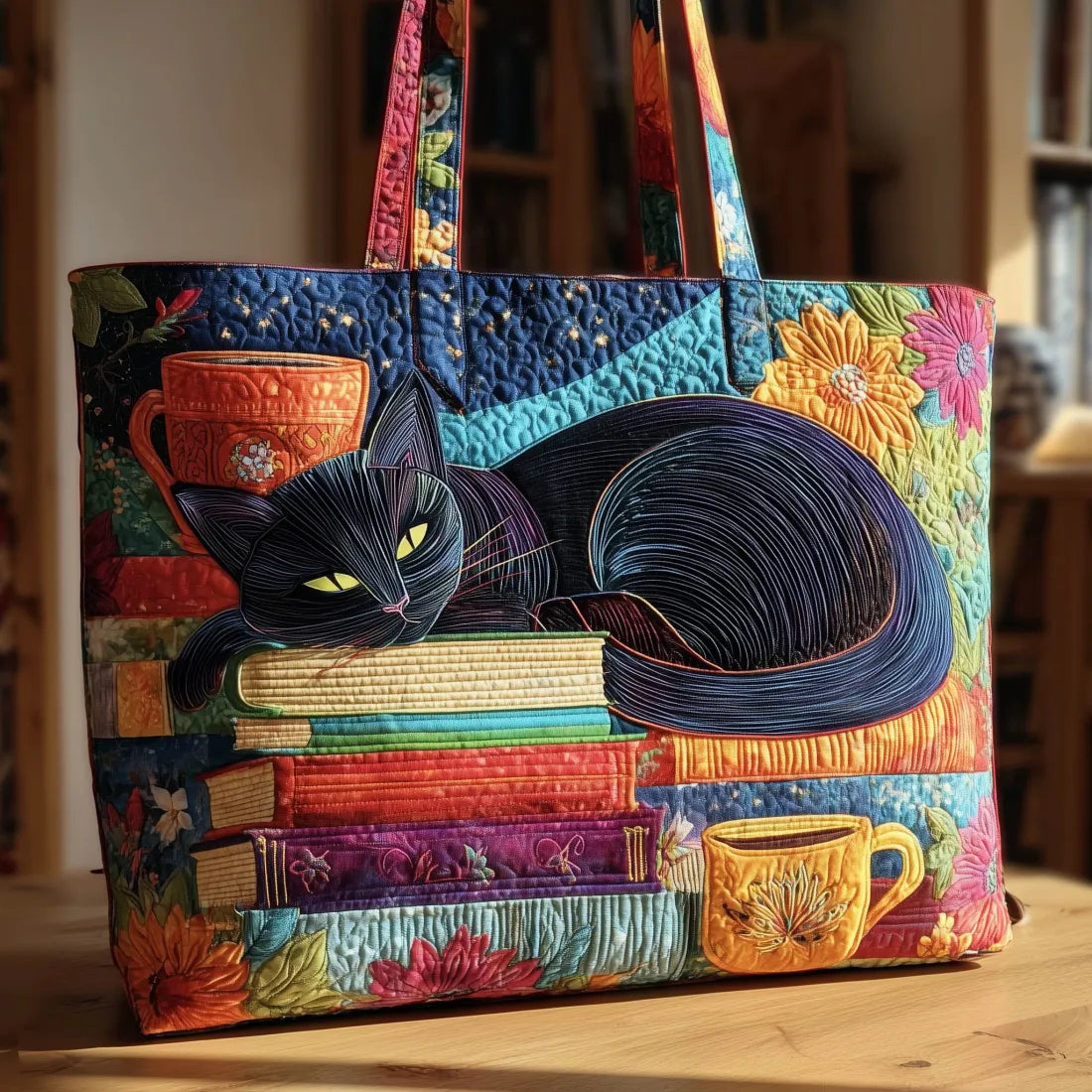 Bolso artesanal - Gato negro con libros y tazas