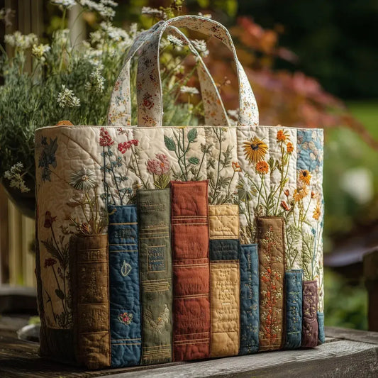 Bolso artesanal acolchado - Libros y flores