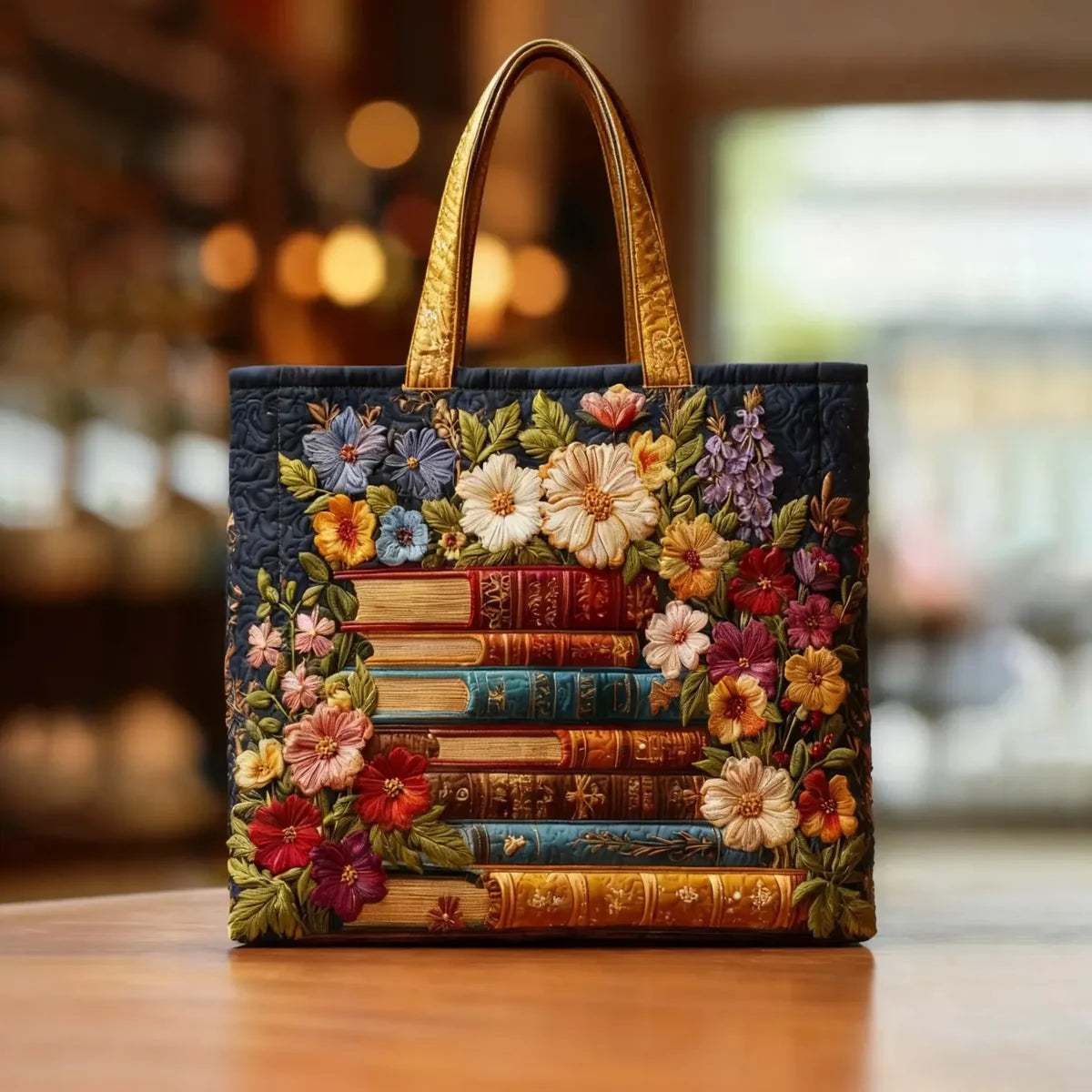Bolso artesanal - Estampado floral y libros