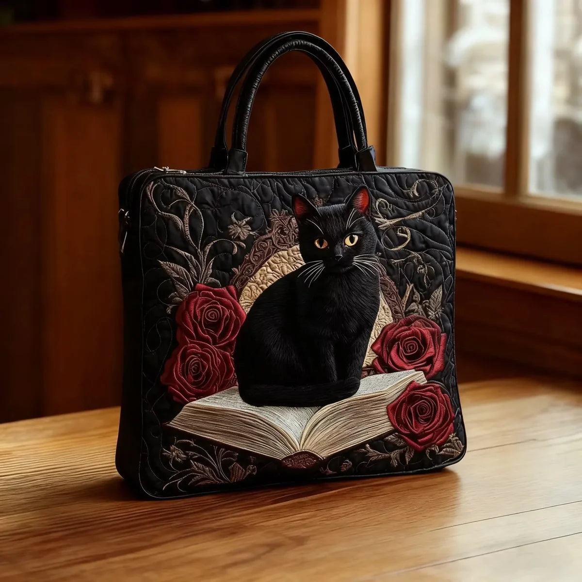 Bolso artesanal acolchado - Gato negro sobre libros