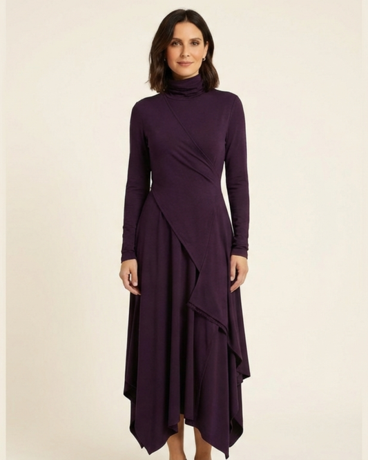 Elena - Vestido maxi elegante con cuello alto y drapeado asimétrico