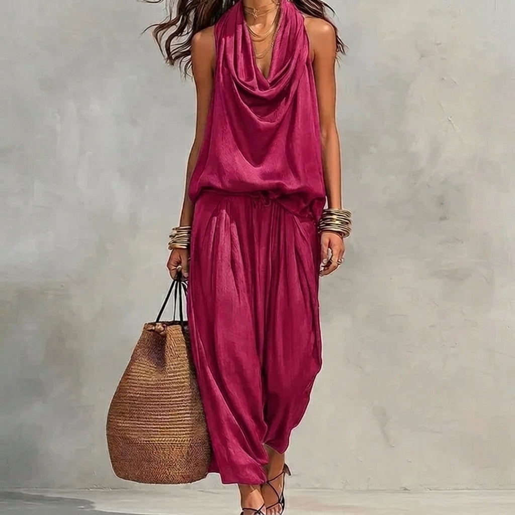 Diana - Conjunto fluido con top halter drapeado y pantalón