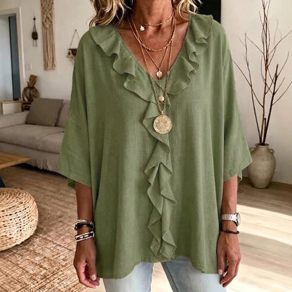 Alma - Blusa casual con escote en V y volantes