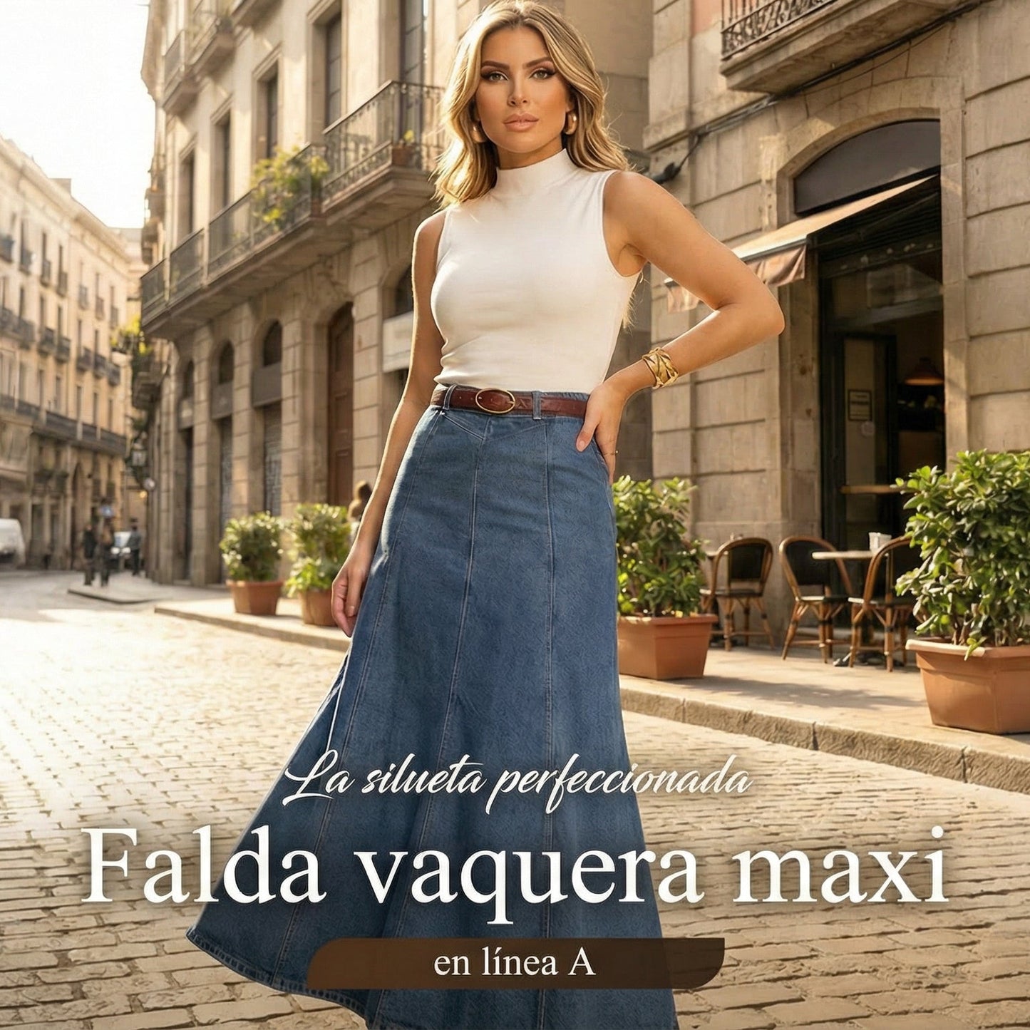 Mía - Falda vaquera midi en línea A de cintura alta