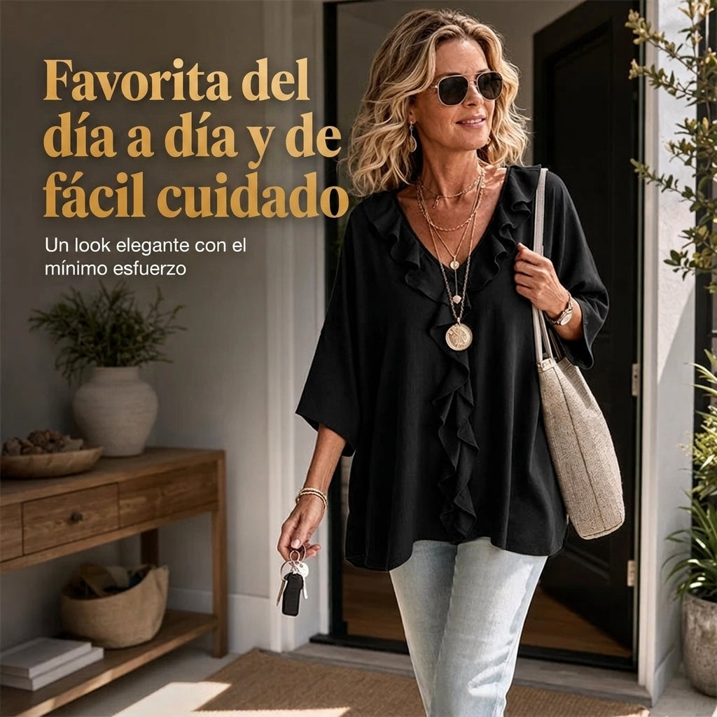 Alma - Blusa casual con escote en V y volantes