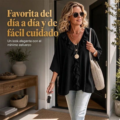Alma - Blusa casual con escote en V y volantes