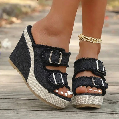 Zafira - Sandalias de cuña con hebillas y diseño vaquero