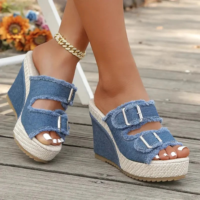Zafira - Sandalias de cuña con hebillas y diseño vaquero