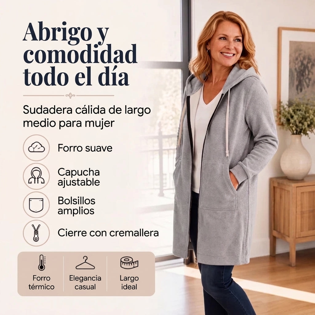 Mariona – Sudadera larga con capucha y cremallera