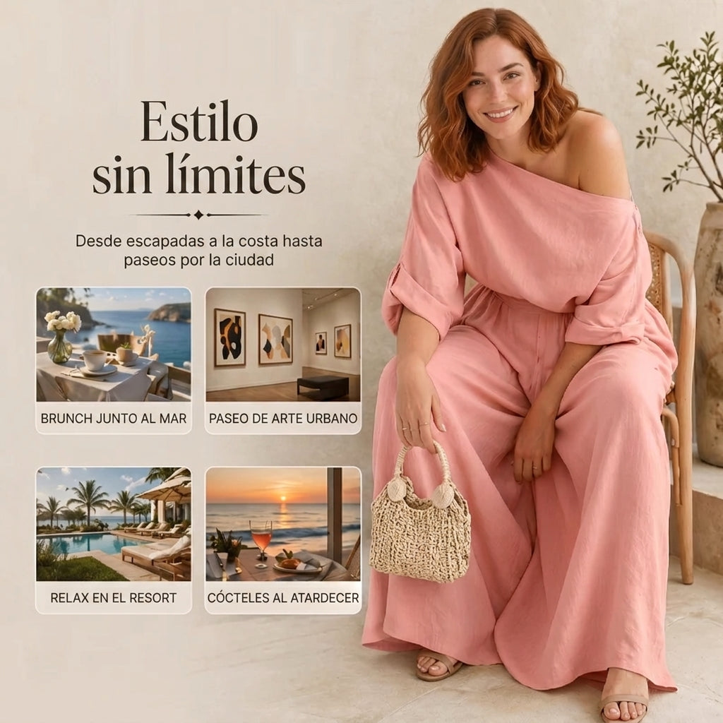 Alba - Conjunto de top sin tirantes y pantalón de pierna ancha