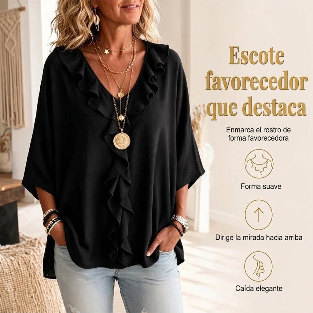 Alma - Blusa casual con escote en V y volantes