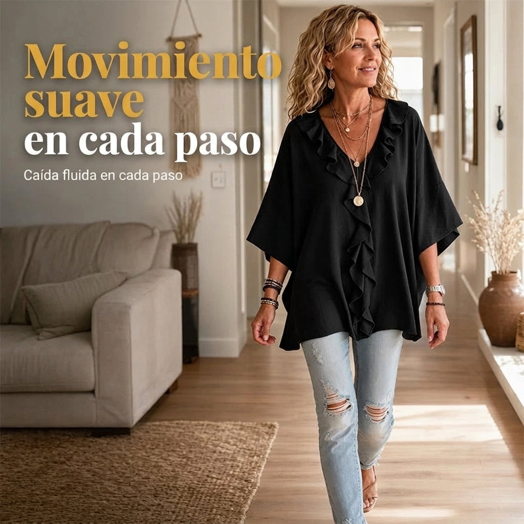 Alma - Blusa casual con escote en V y volantes
