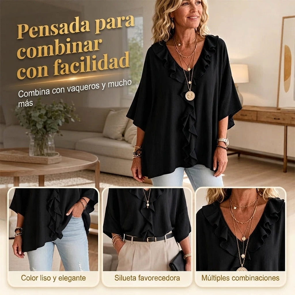 Alma - Blusa casual con escote en V y volantes