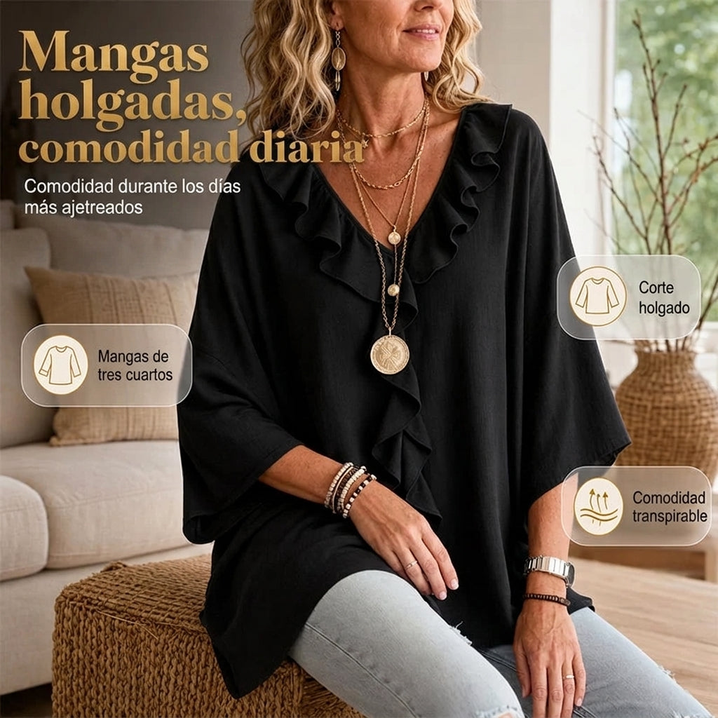Alma - Blusa casual con escote en V y volantes