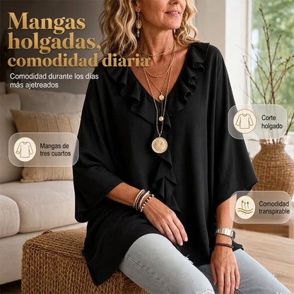 Alma - Blusa casual con escote en V y volantes