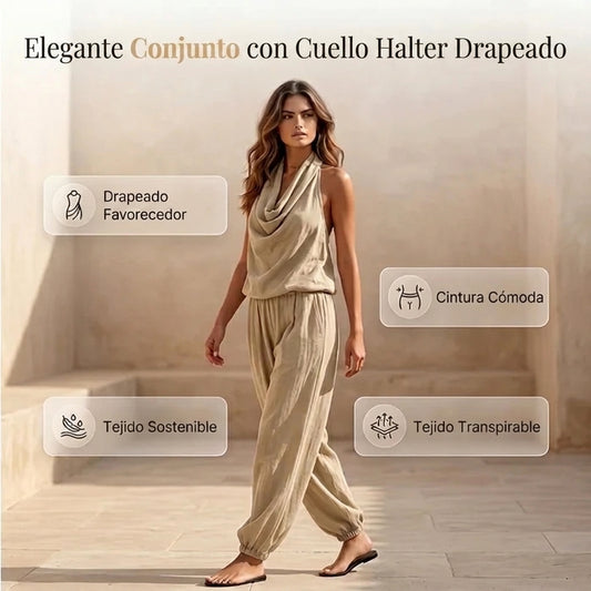 Diana - Conjunto fluido con top halter drapeado y pantalón