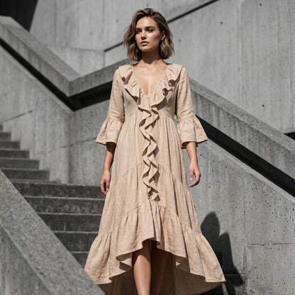 Carolina - Vestido retro con volantes y escote en V