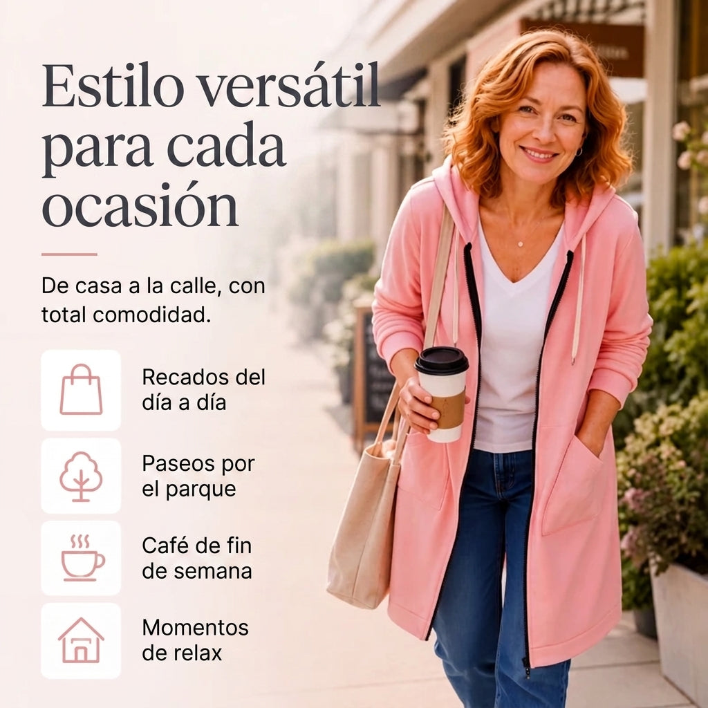 Mariona – Sudadera larga con capucha y cremallera