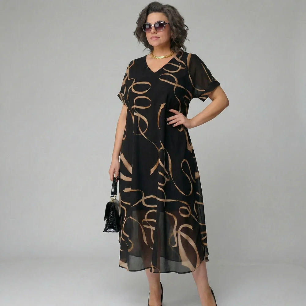 Francisca - Vestido con volante y estampado dorado