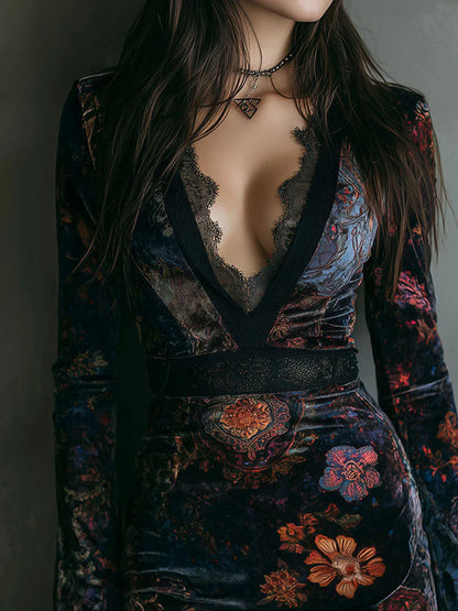 Flora - Vestido boho de terciopelo con escote de encaje