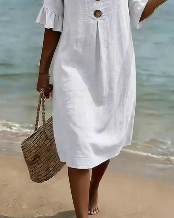 Vanesa | Vestido Texturizado con Mangas Abullonadas y Botones