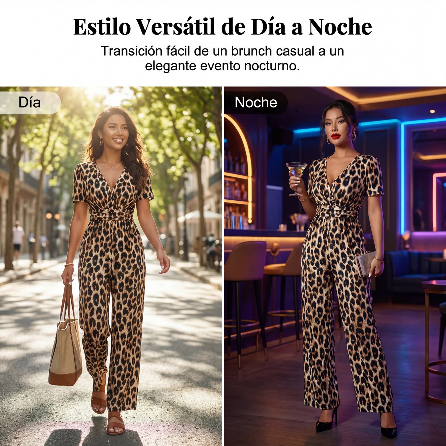 Lara - Mono de leopardo con escote en V y pierna ancha