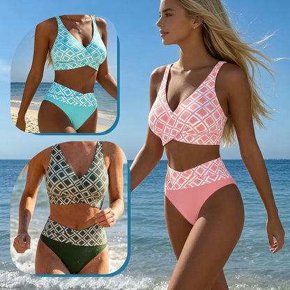 Lía - Bikini de talle alto con estampado geométrico retro