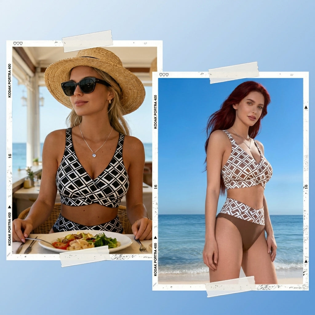Lía - Bikini de talle alto con estampado geométrico retro