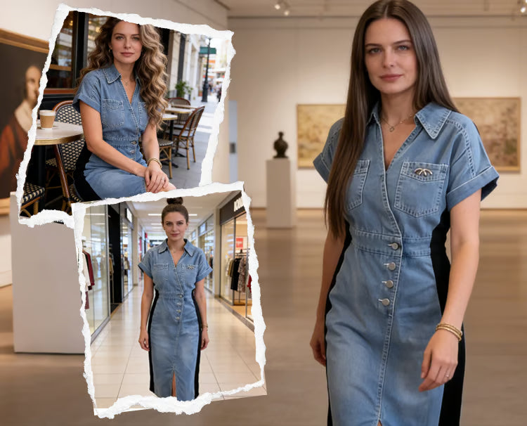 Miranda - El vestido efecto estilizador: patchwork denim con paneles laterales
