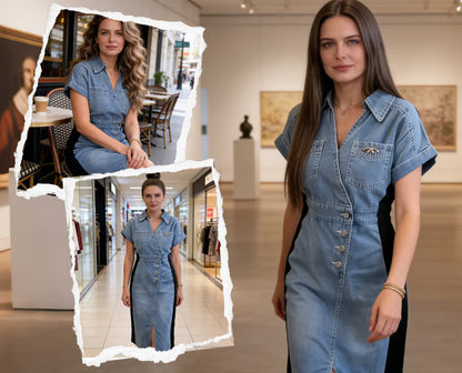 Miranda - El vestido efecto estilizador: patchwork denim con paneles laterales