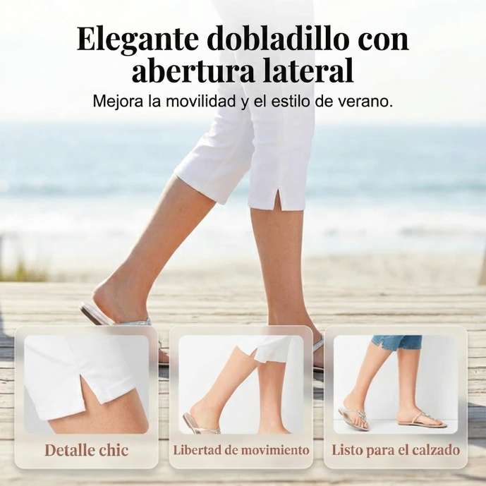 Maela - Pantalón capri vaquero elástico con abertura lateral