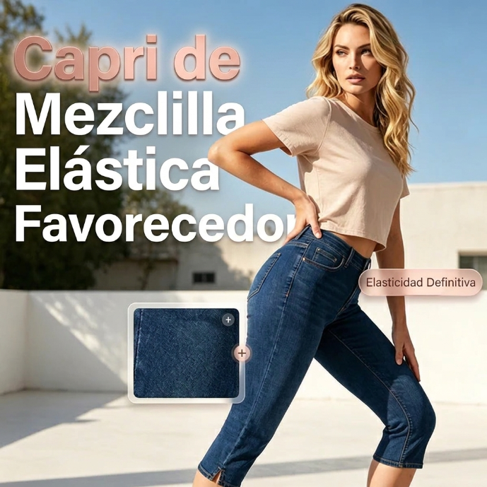 Maela - Pantalón capri vaquero elástico con abertura lateral