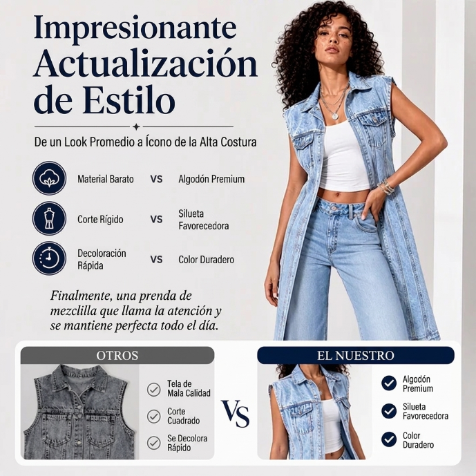 Valeria – Chaleco largo vaquero sin mangas