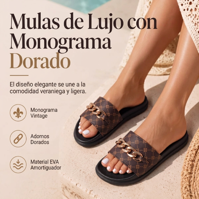 Ginebra - Sandalias ergonómicas con monograma y cadena dorada