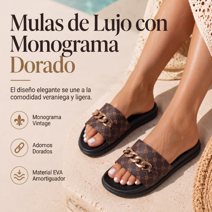 Ginebra - Sandalias ergonómicas con monograma y cadena dorada