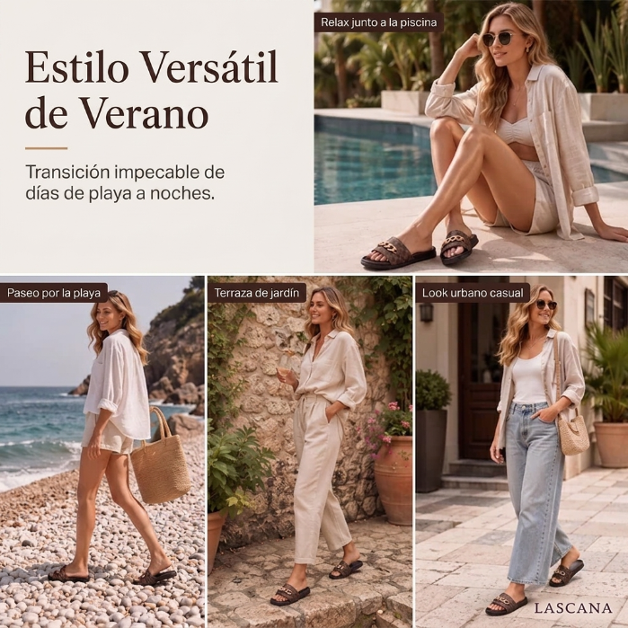 Ginebra - Sandalias ergonómicas con monograma y cadena dorada