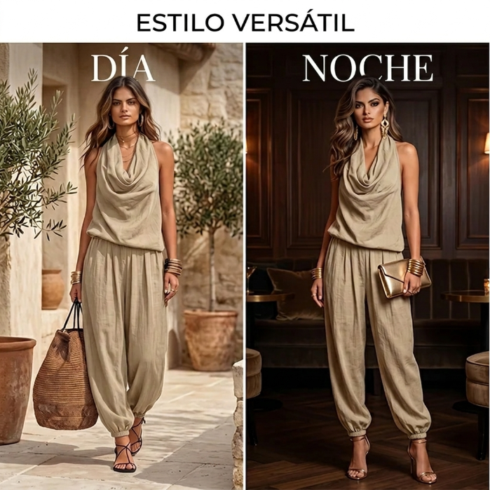 Diana - Conjunto fluido con top halter drapeado y pantalón