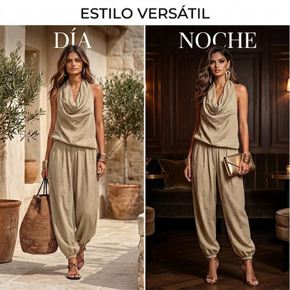 Diana - Conjunto fluido con top halter drapeado y pantalón